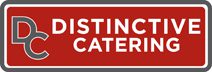 A red sign that says distinct catering.