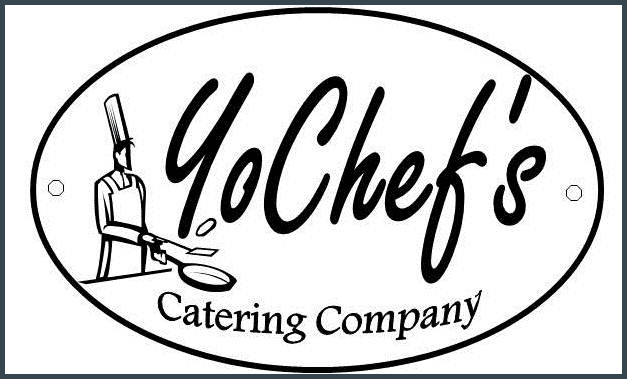 A black and white logo of yochef catering company.