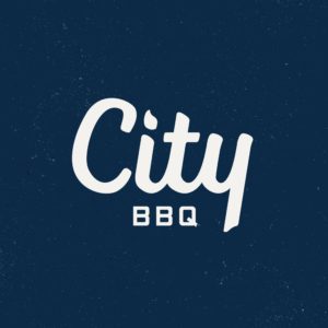 A blue background with the word city bbq written in white.