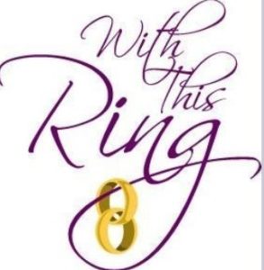 A purple and gold logo for with this ring