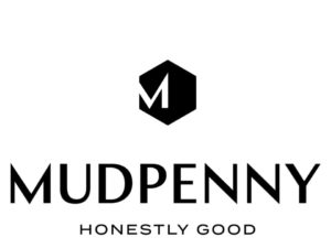 A black and white logo of mudpenny.