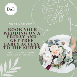 Wedding booking promotion with floral bouquet.