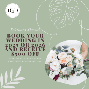 Wedding booking promotion with flowers and discount.